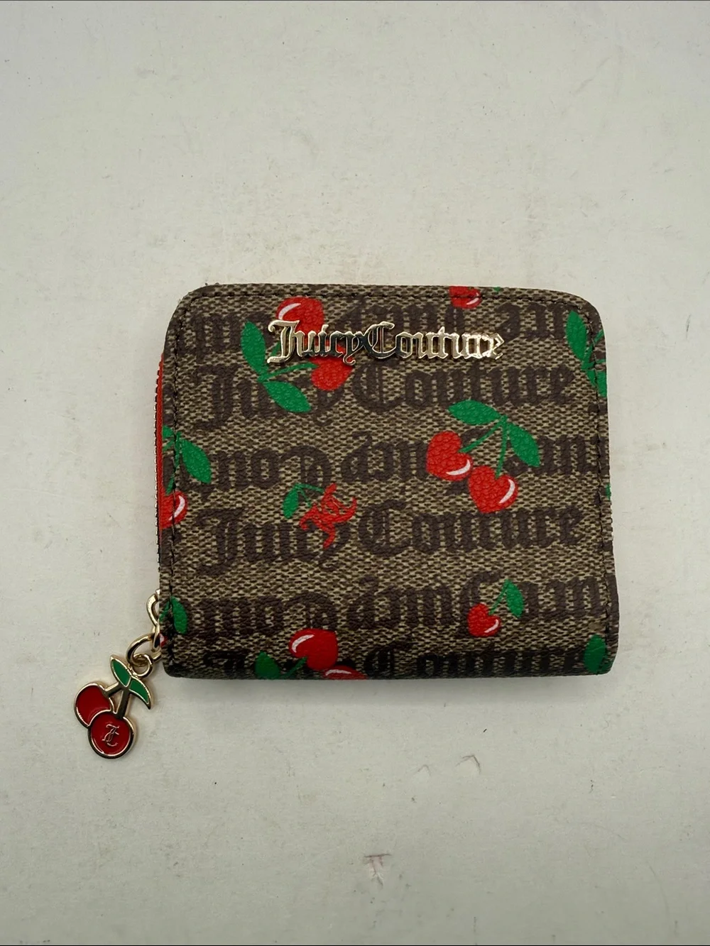 Juicy Couture Juicy Fruit Small Zip Around Wallet ID Card Holder Brown Red